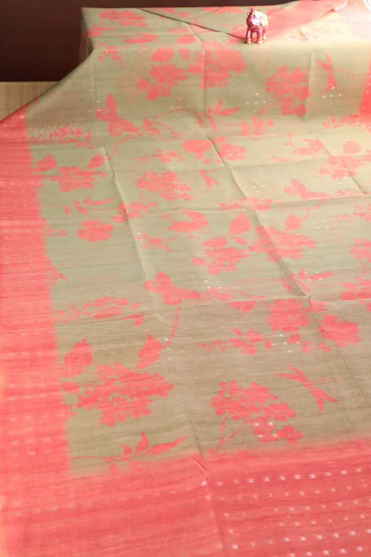 Olive Green Semi Tussar Silk with Gold And Silver Zari Floral Patterns view 2