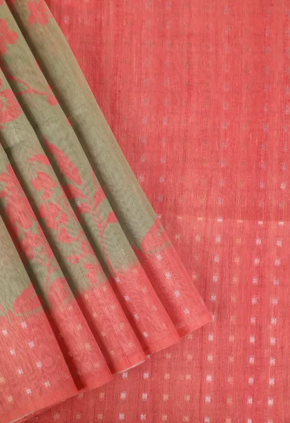 Olive Green Semi Tussar Silk with Gold And Silver Zari Floral Patterns