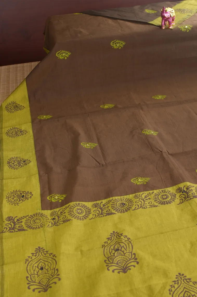 Coffee Brown Poly Cotton Sarees Without Zari With Mirror Jamiki Puttas view 2