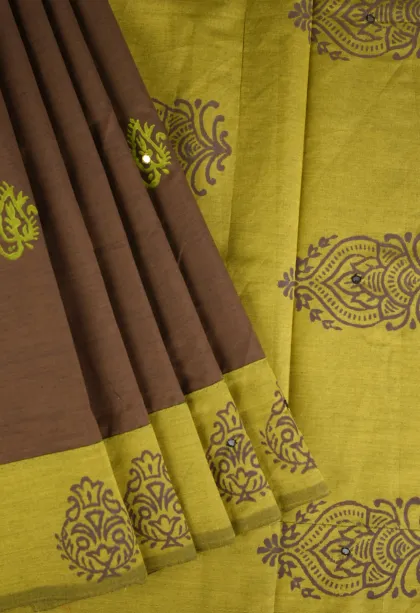 Coffee Brown Poly Cotton Sarees Without Zari With Mirror Jamiki Puttas