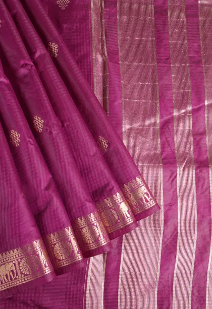 Magenta Purple Raw Silk Sarees with Gold Zari Rangoli Pattren