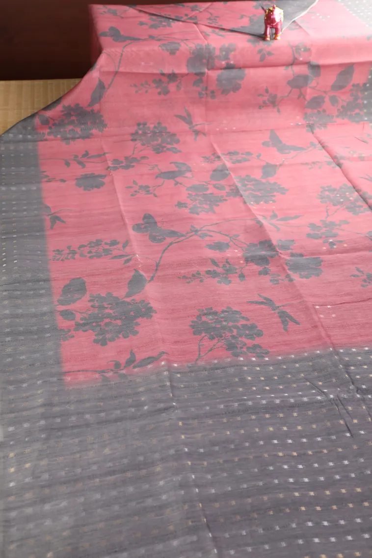 Rose Pink Semi Tussar Silk with Gold And Silver Zari Floral Patterns view 2