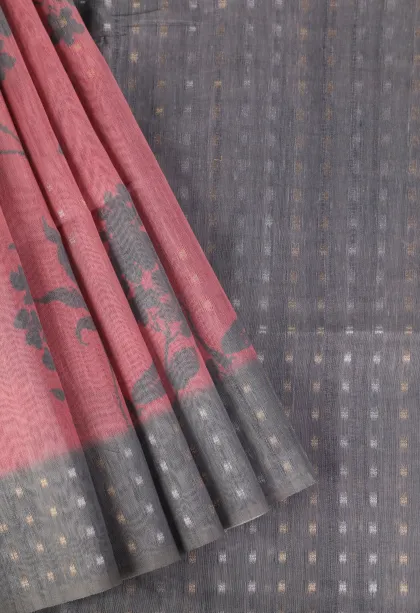 Rose Pink Semi Tussar Silk with Gold And Silver Zari Floral Patterns