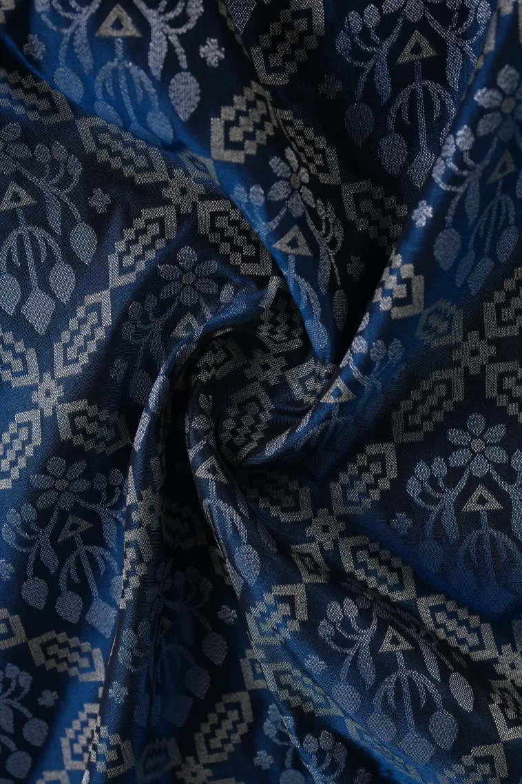 Aegean Blue Tissue Banaras with Gold And Silver Zari Geometric Shapes view 4