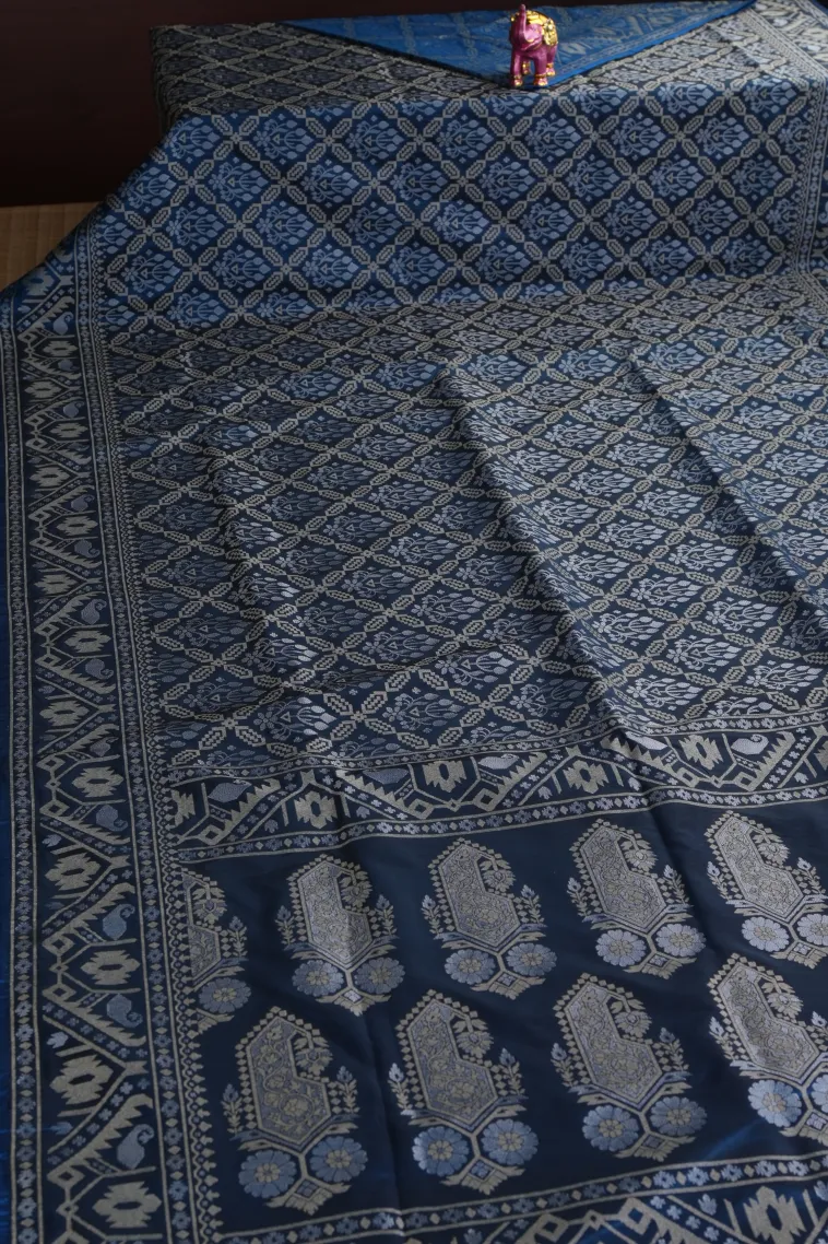 Aegean Blue Tissue Banaras with Gold And Silver Zari Geometric Shapes view 2