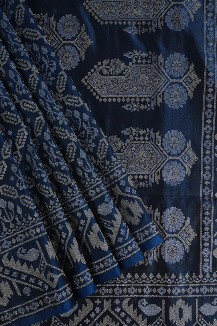 Aegean Blue Tissue Banaras with Gold And Silver Zari Geometric Shapes