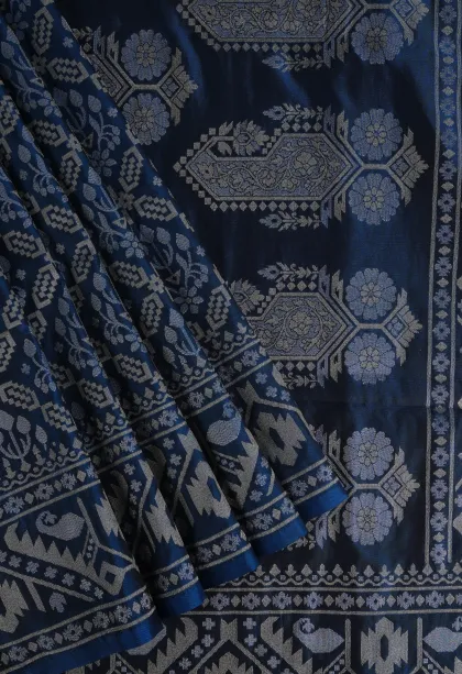 Aegean Blue Tissue Banaras with Gold And Silver Zari Geometric Shapes