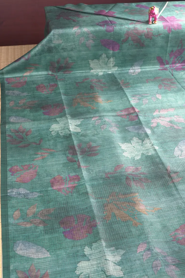 Teal Blue Tussar Saree with Antic Zari Small Checks Pattern view 2