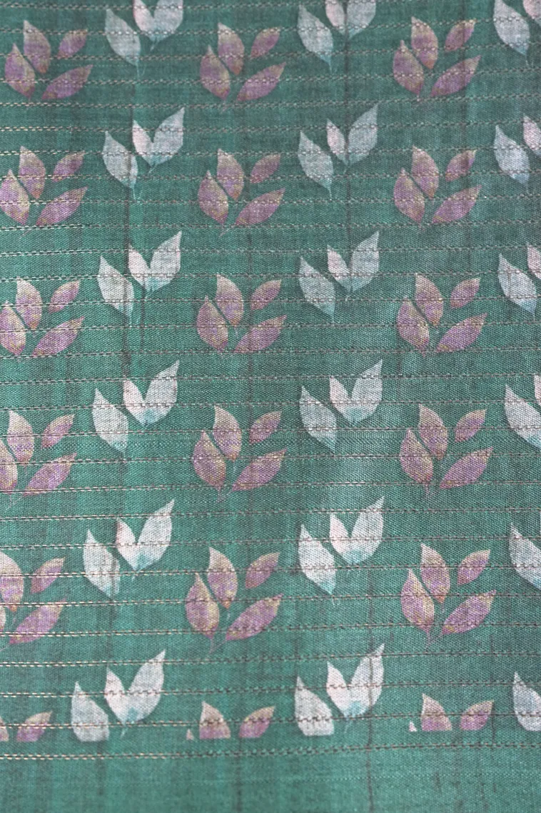 Teal Blue Tussar Saree with Antic Zari Small Checks Pattern view 3