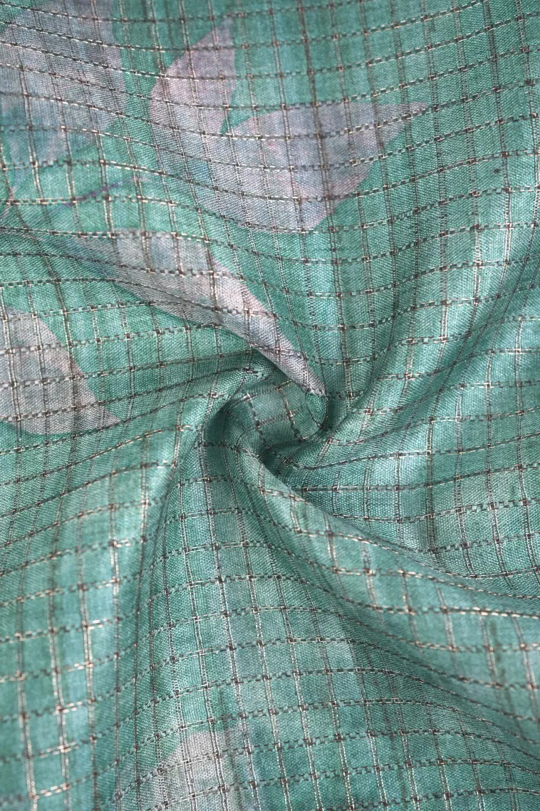 Teal Blue Tussar Saree with Antic Zari Small Checks Pattern view 4