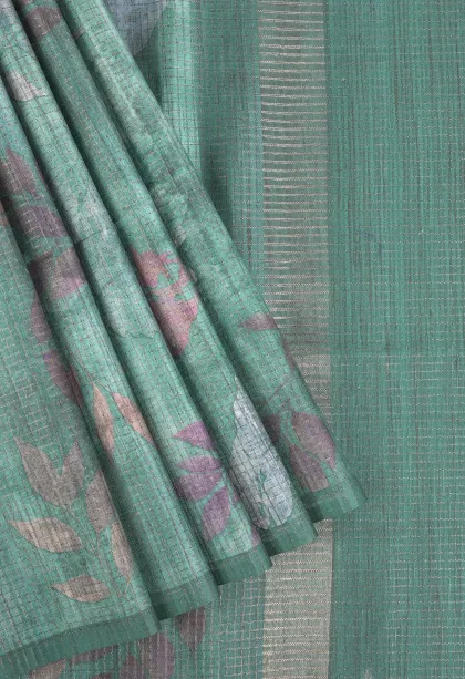 Teal Blue Tussar Saree with Antic Zari Small Checks Pattern
