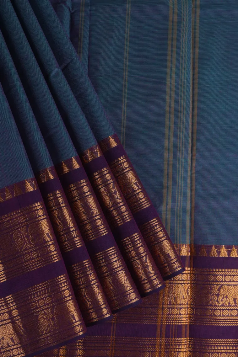Lapis Blue Chettinad Cotton Sarees with Gold Zari Plain