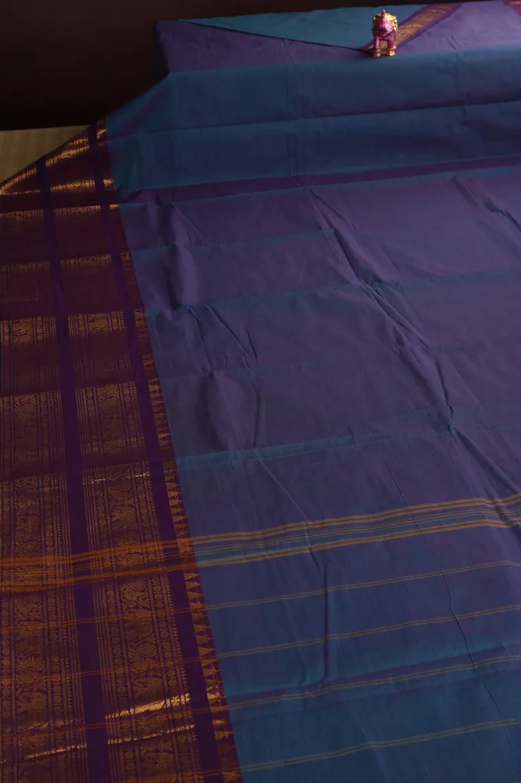 Lapis Blue Chettinad Cotton Sarees with Gold Zari Plain view 2