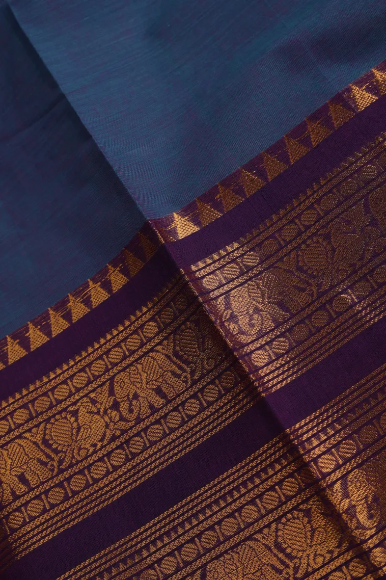 Lapis Blue Chettinad Cotton Sarees with Gold Zari Plain view 3