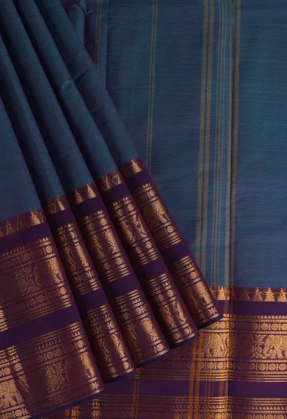 Lapis Blue Chettinad Cotton Sarees with Gold Zari Plain