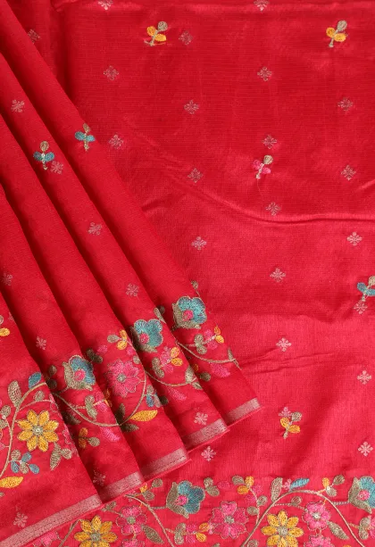 Candy Red Manipuri Cotton Sarees with Thread Zari Buttis (small Dots Or Motifs)