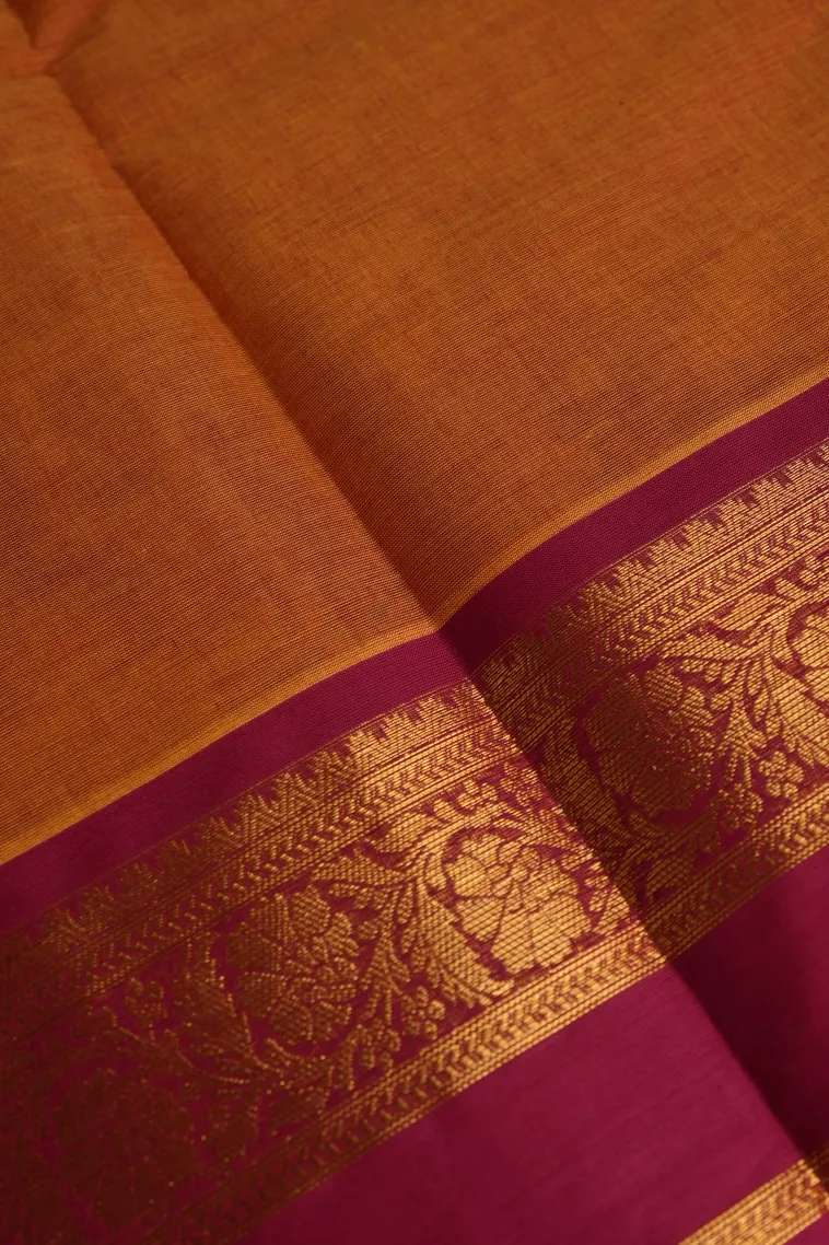 Amber Orange Kanchi Cotton Sarees with Gold Zari Butterfly Butta view 3