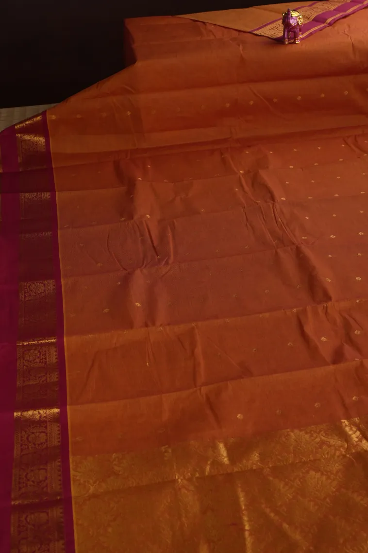 Amber Orange Kanchi Cotton Sarees with Gold Zari Butterfly Butta view 2