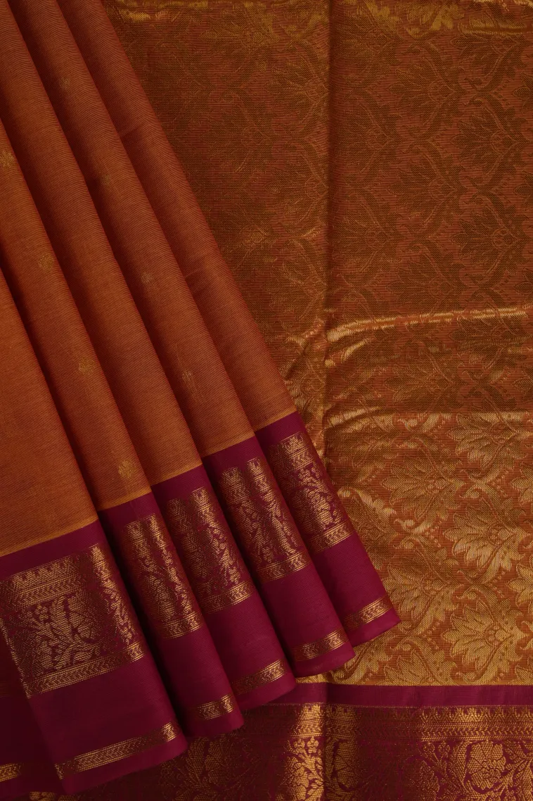 Amber Orange Kanchi Cotton Sarees with Gold Zari Butterfly Butta