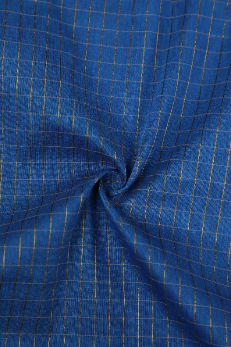 Cobalt Blue Kalyani Cotton with Gold Zari Small Checks Pattern view 4