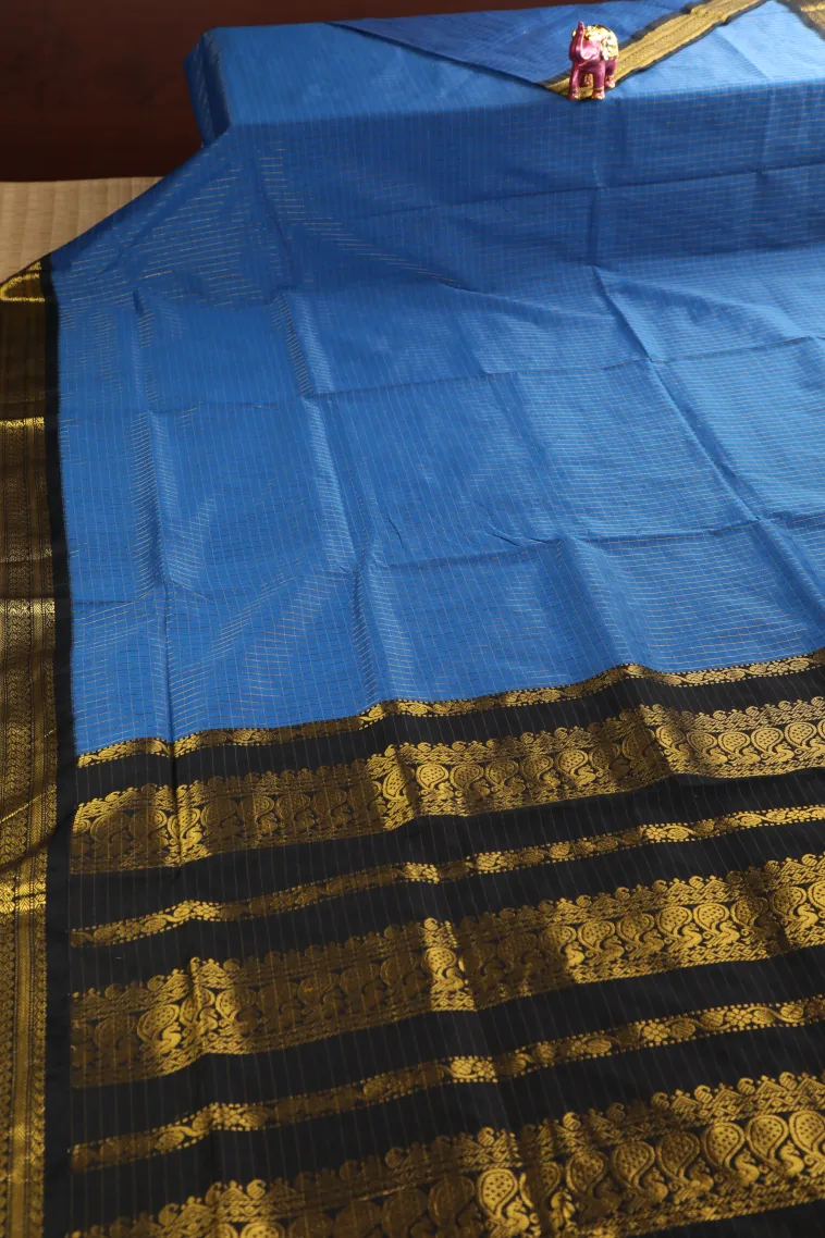 Cobalt Blue Kalyani Cotton with Gold Zari Small Checks Pattern view 2
