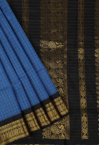 Cobalt Blue Kalyani Cotton with Gold Zari Small Checks Pattern