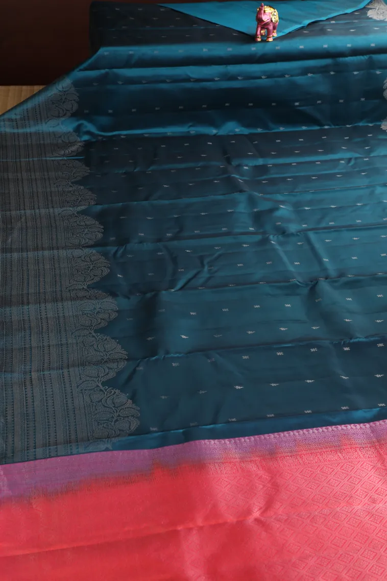 Aegean Blue Soft Silk Saree with Silver Zari Buttis (small Dots Or Motifs) view 2