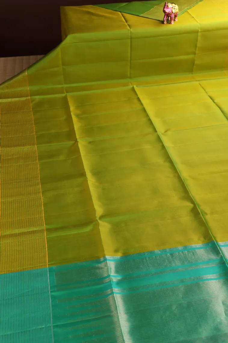 Lime Green Soft Silk Saree with Gold Zari Plain view 2