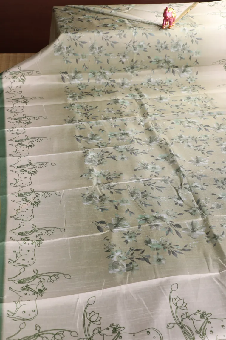 Pistachio Green Soft Silk Sarees with Gold Zari Floral Patterns view 2