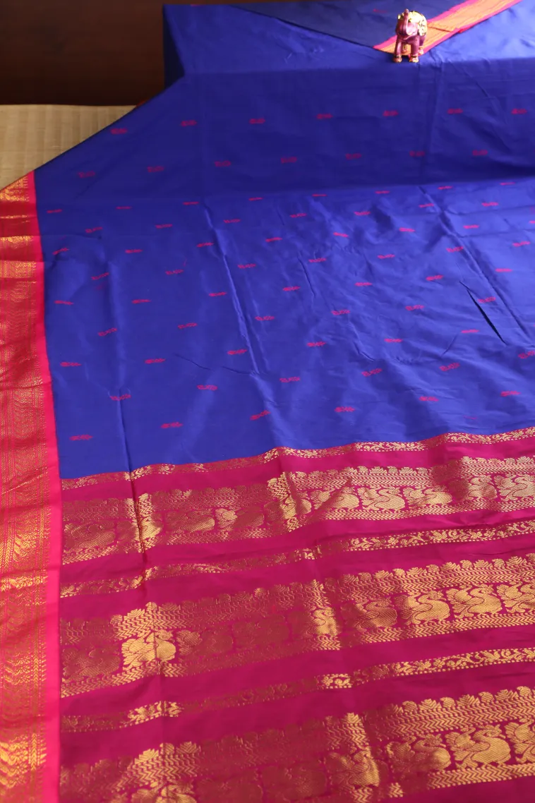 Admiral Blue Kalyani Cotton with Gold Zari Buttis (small Dots Or Motifs) view 2