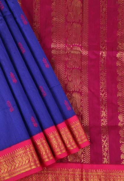 Admiral Blue Kalyani Cotton with Gold Zari Buttis (small Dots Or Motifs)