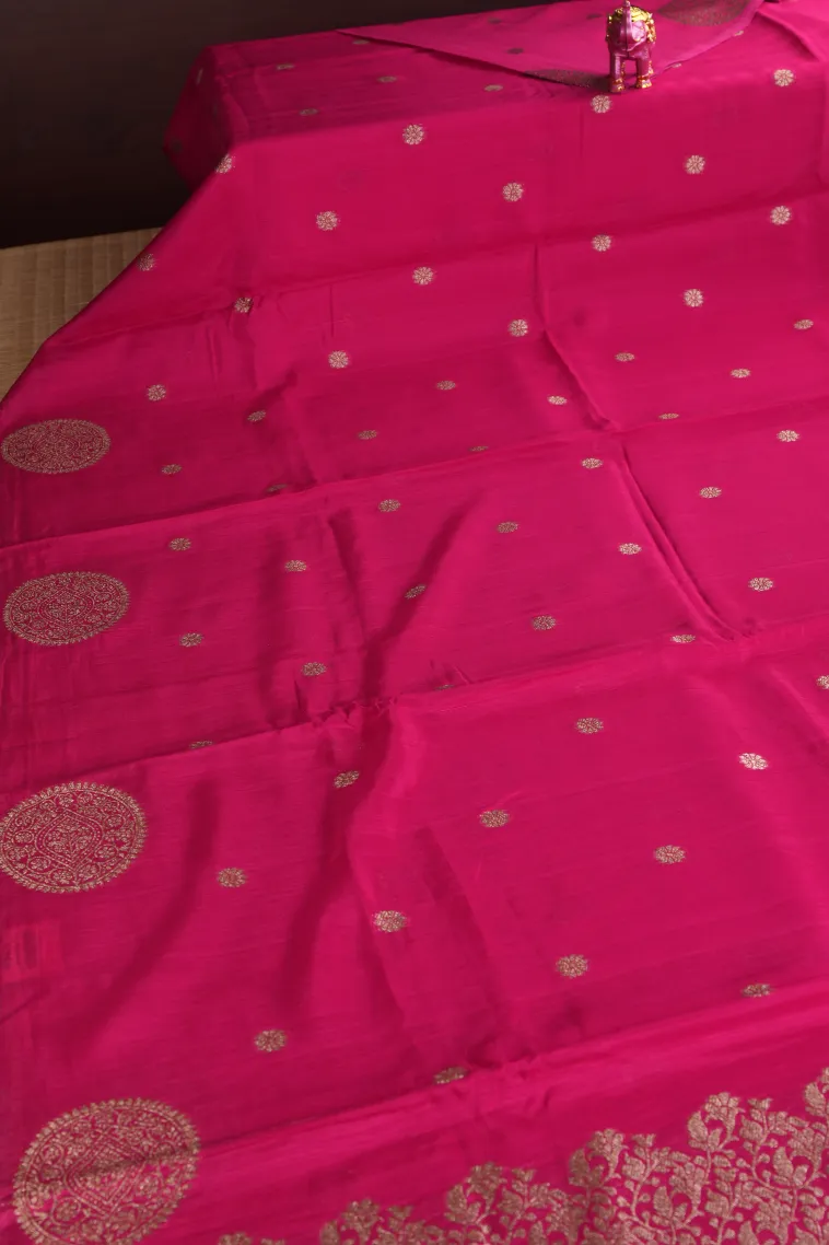Magenta Pink Banaras Sarees with Gold Zari Buttis (small Dots Or Motifs) view 2