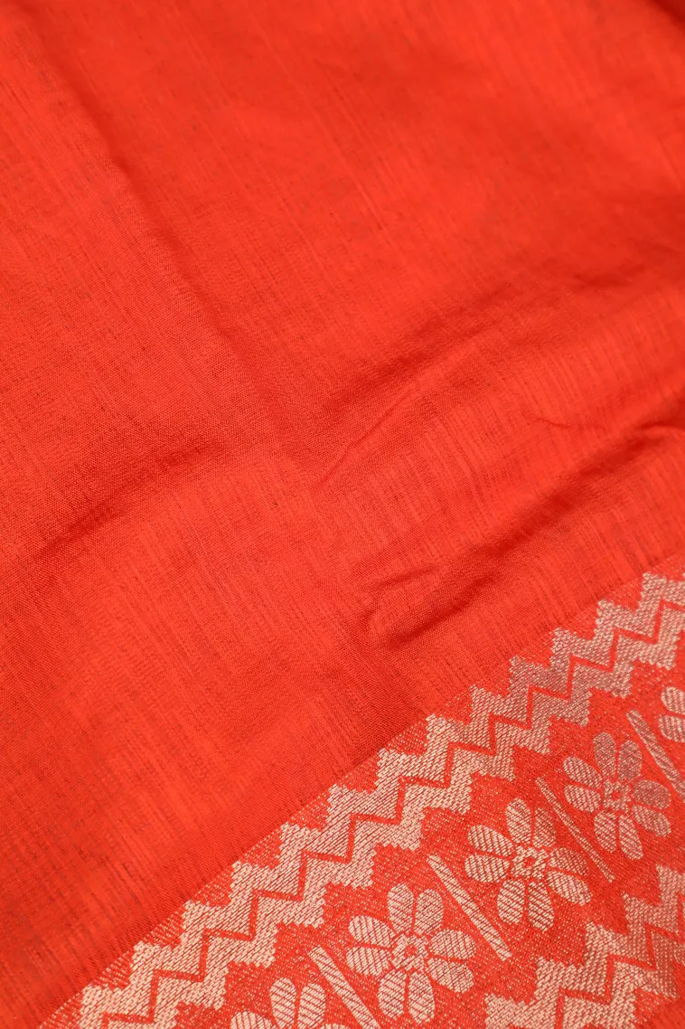 Fire Orange Banaras Sarees with Copper Zari Leaf Pattern view 3