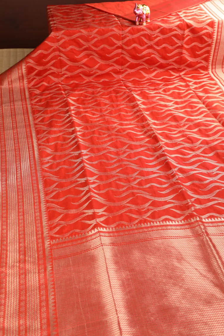 Fire Orange Banaras Sarees with Copper Zari Leaf Pattern view 2