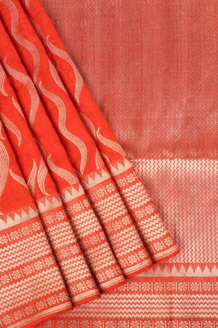 Fire Orange Banaras Sarees with Copper Zari Leaf Pattern