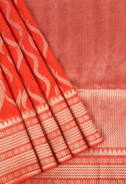 Fire Orange Banaras Sarees with Copper Zari Leaf Pattern