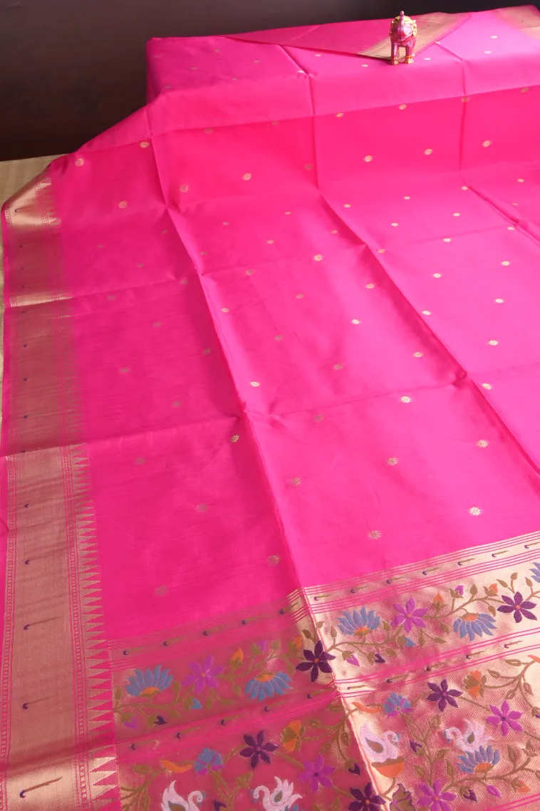 Magenta Pink Semi Tussar Silk with Gold Zari Buttis (small Dots Or Motifs) view 2