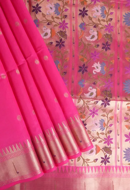 Magenta Pink Semi Tussar Silk with Gold Zari Buttis (small Dots Or Motifs)