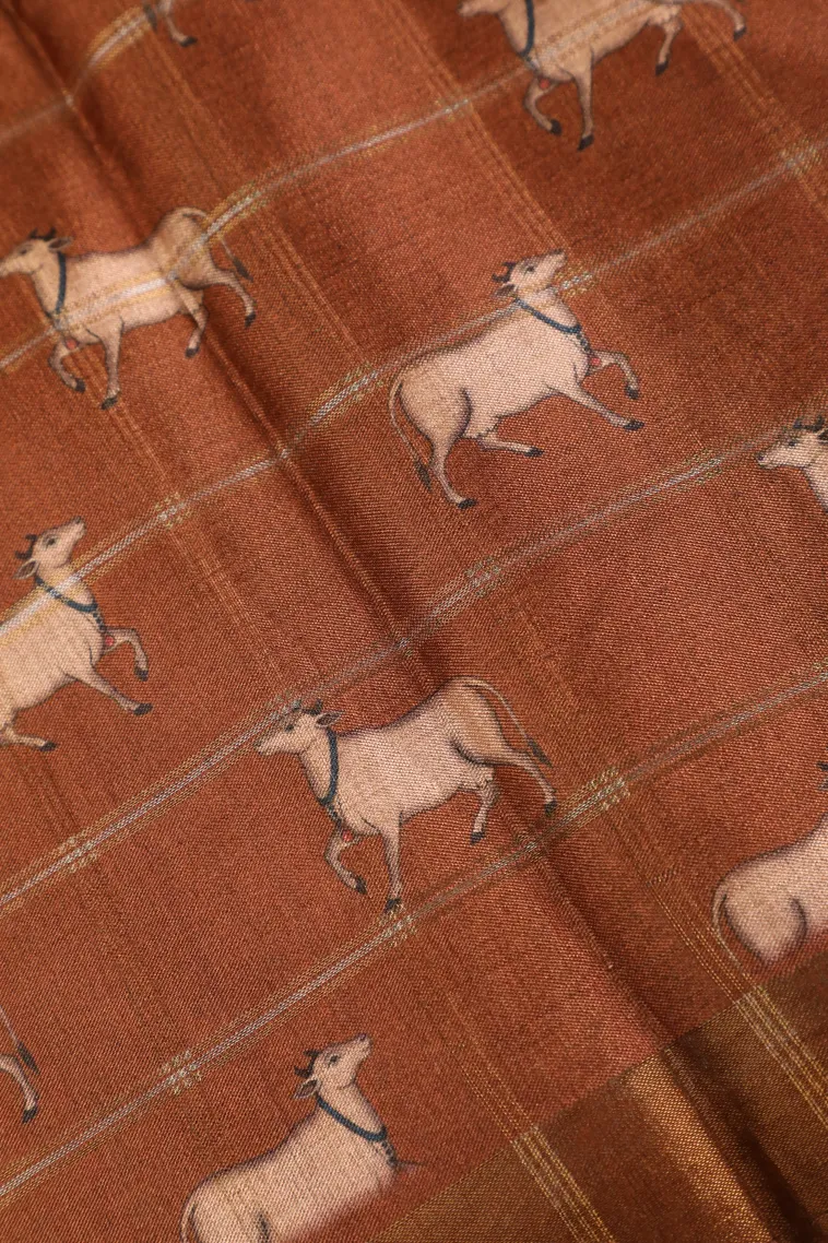 Tawny Brown Tussar Saree with Gold And Silver Zari Checks view 3