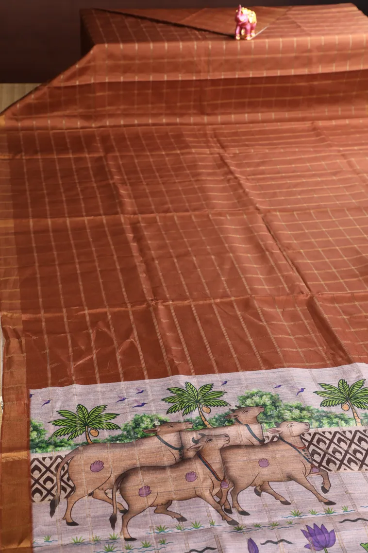 Tawny Brown Tussar Saree with Gold And Silver Zari Checks view 2