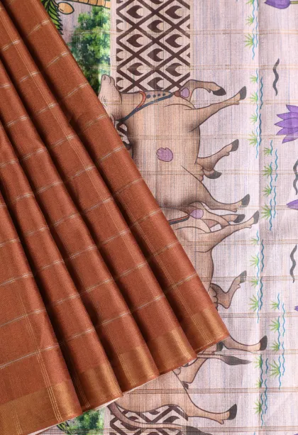 Tawny Brown Tussar Saree with Gold And Silver Zari Checks