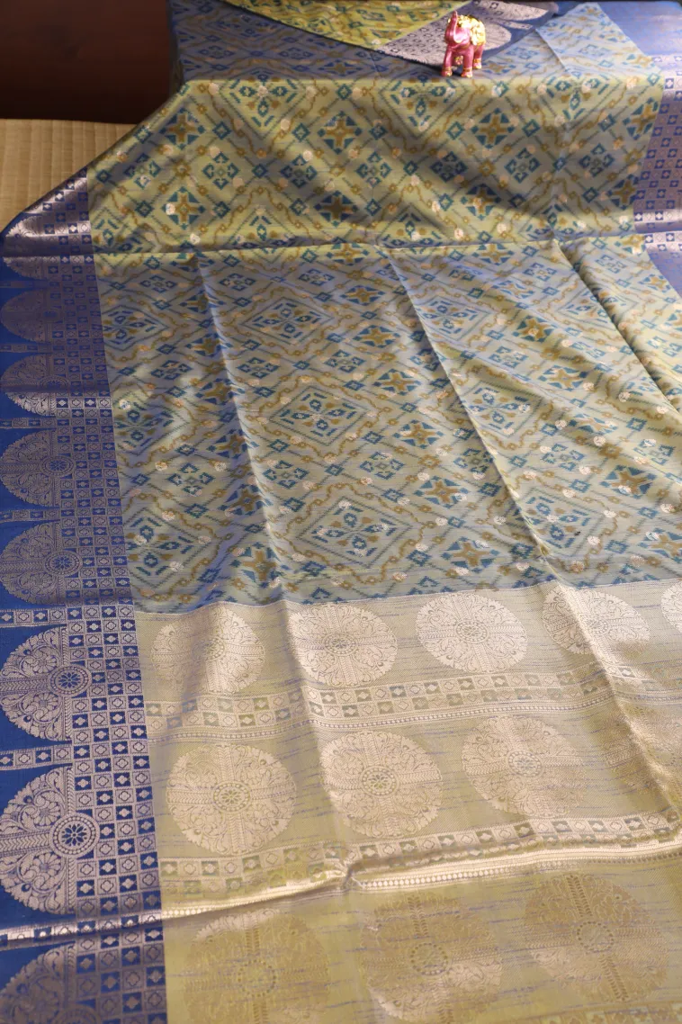 Sage Green Semi Tussar Silk with Bronze Zari Geometric Shapes view 2