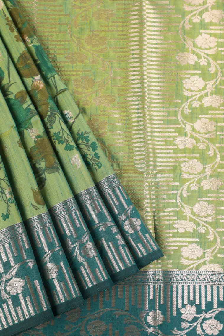 Sage Green Semi Tussar Silk with Bronze Zari Floral Patterns view 1