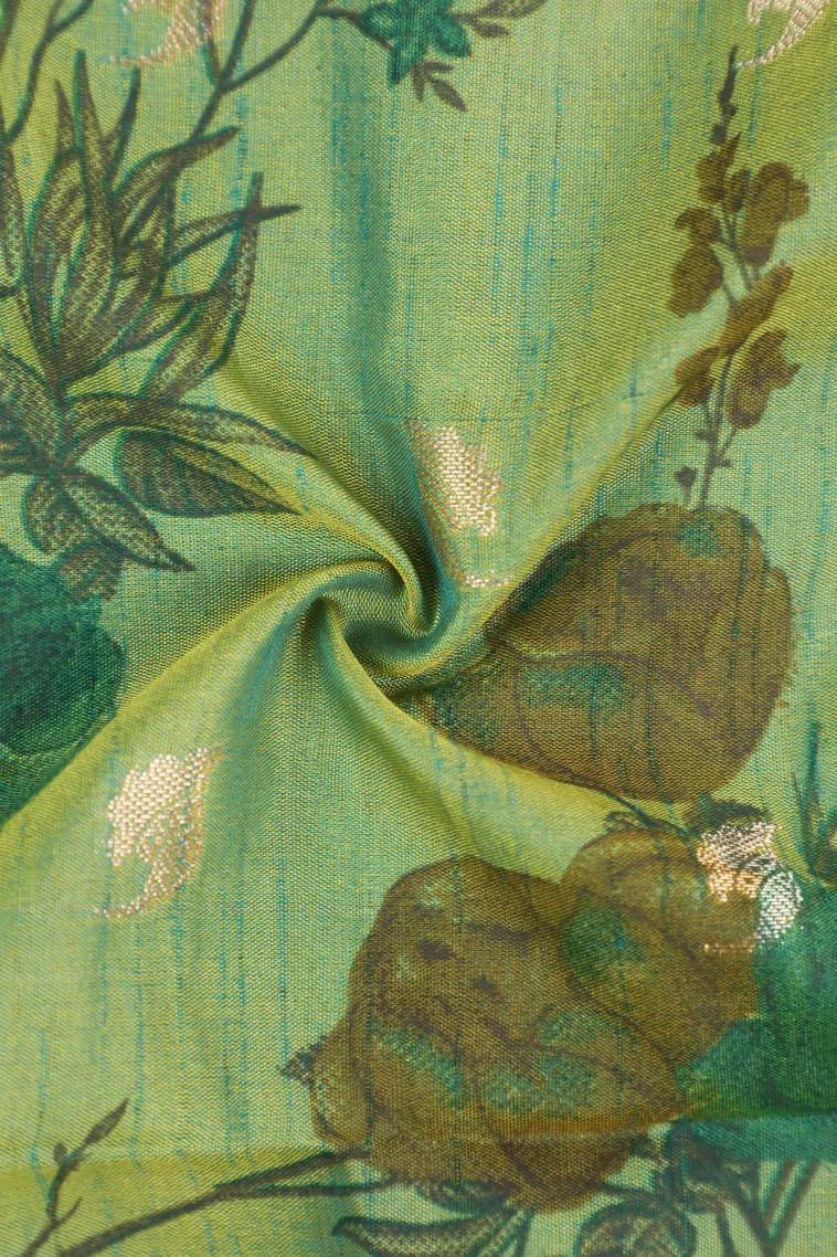 Sage Green Semi Tussar Silk with Bronze Zari Floral Patterns view 4
