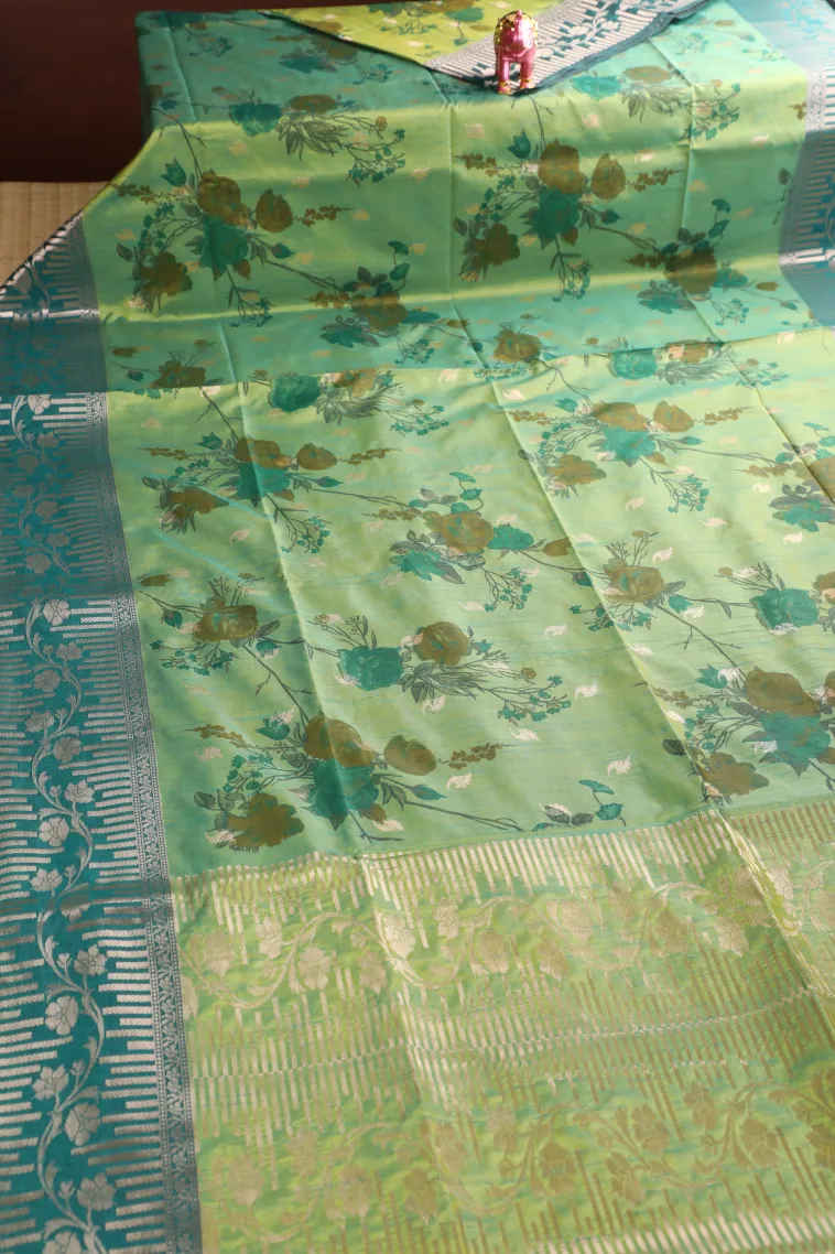 Sage Green Semi Tussar Silk with Bronze Zari Floral Patterns view 2