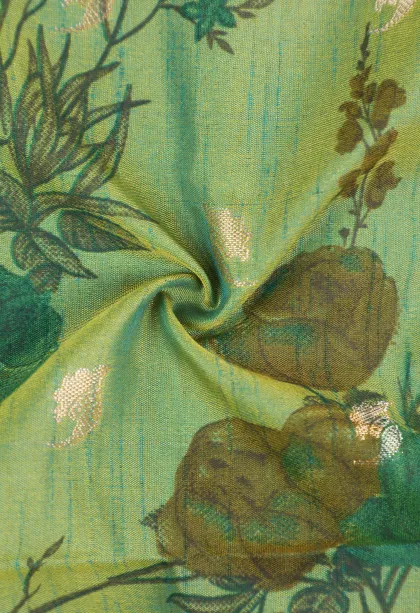 Sage Green Semi Tussar Silk with Bronze Zari Floral Patterns