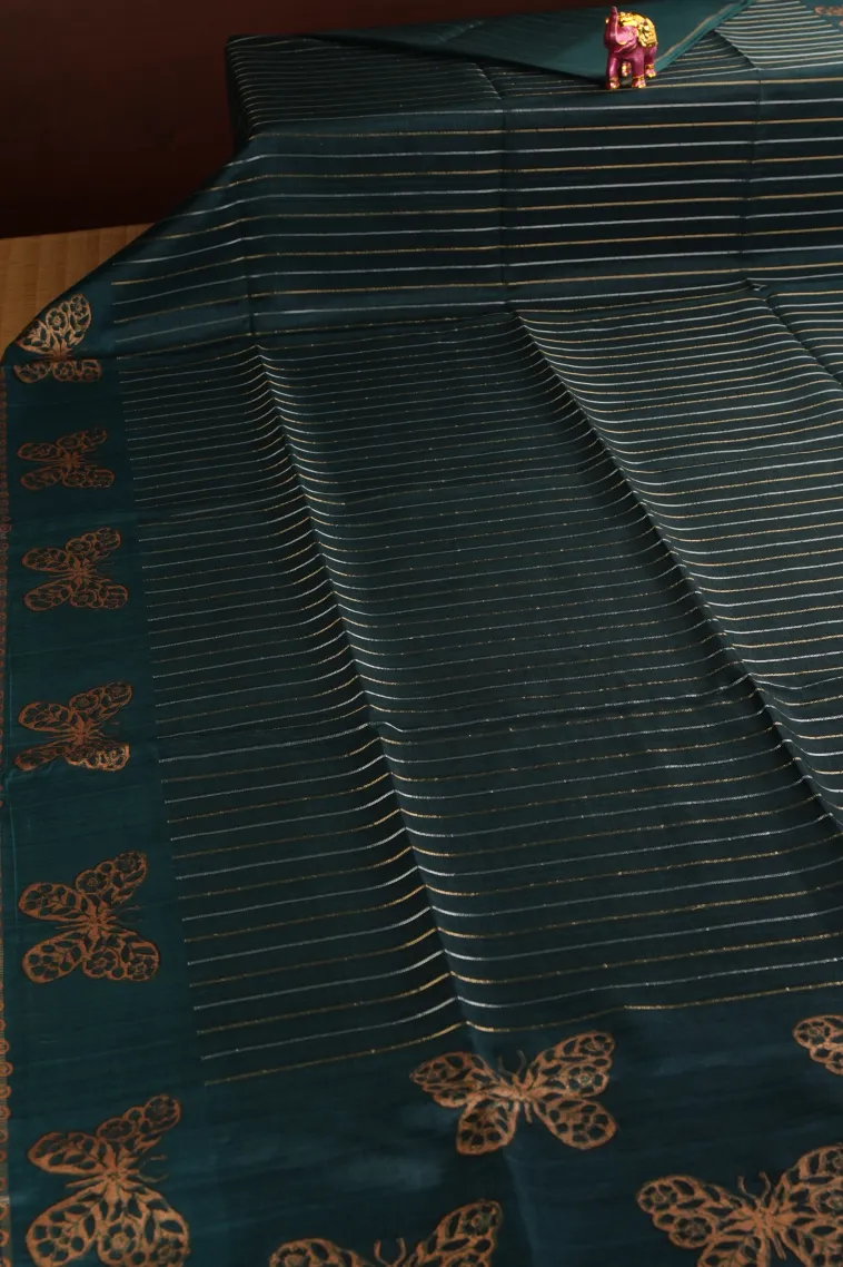 Peacock Blue Tussar Saree with Gold And Silver Zari Stripes view 2