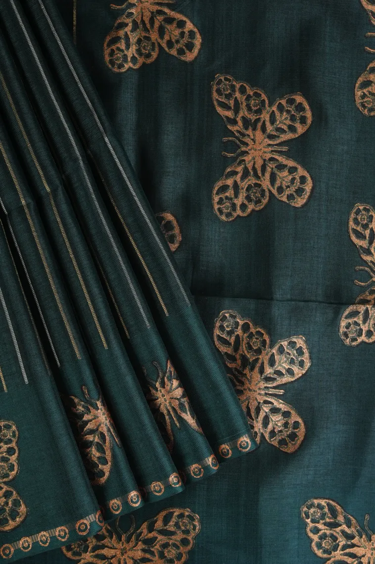 Peacock Blue Tussar Saree with Gold And Silver Zari Stripes