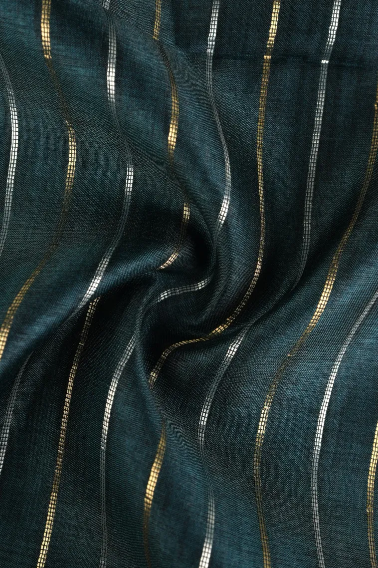 Peacock Blue Tussar Saree with Gold And Silver Zari Stripes view 4
