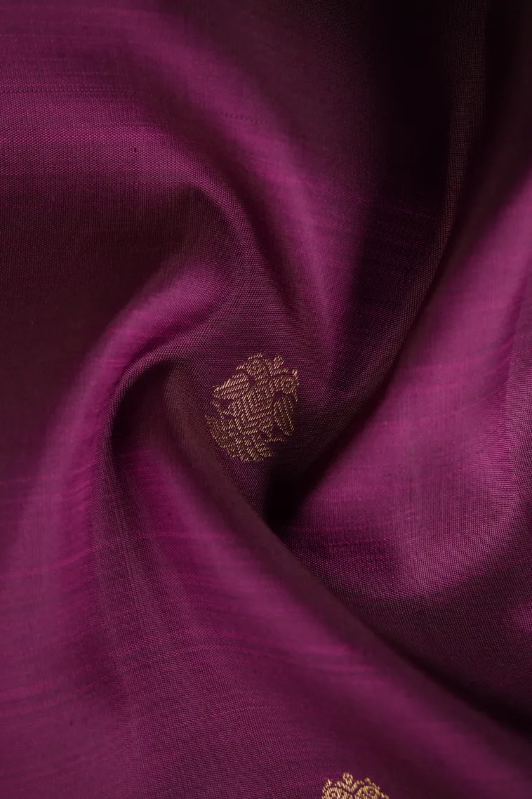 Jam Purple Kanchipuram Silk Sarees with Gold Zari Peacock And Rudhractam view 4